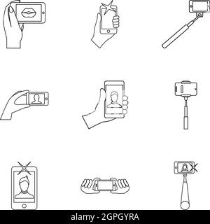 Photo sur smartphone icons set style du contour, Illustration de Vecteur