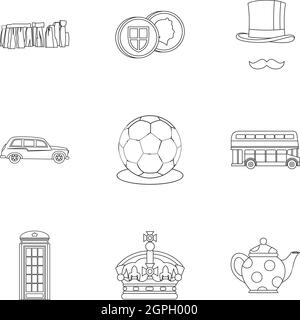 Pays Royaume-Uni icons set style du contour, Illustration de Vecteur