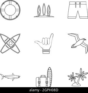 Icônes surf style du contour, Illustration de Vecteur