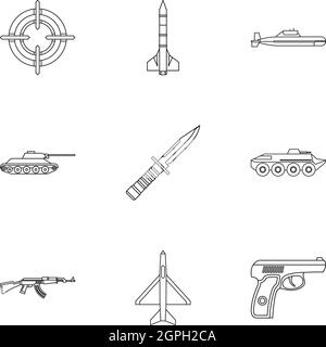 Icônes d'armes militaires, style contour Illustration de Vecteur