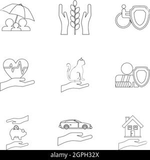 Icônes d'assurance définir style du contour, Illustration de Vecteur