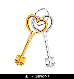 Couple d'anciennes clés de porte en forme de coeur sur anneau isolé sur blanc Illustration de Vecteur