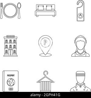 Un séjour dans l'hôtel icons set style du contour, Illustration de Vecteur