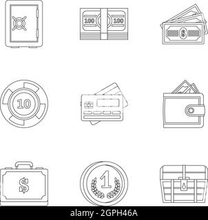 Ressource monétaire icons set style du contour, Illustration de Vecteur