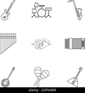 Instruments de musique style du contour, icons set Illustration de Vecteur