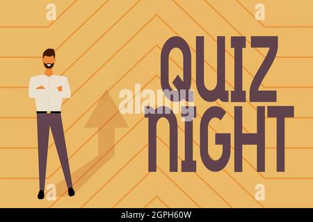 Affiche manuscrite Quiz Night. Mot écrit sur le concours de connaissances de test de soirée entre les individus rassemblant des documents et des informations en ligne Banque D'Images