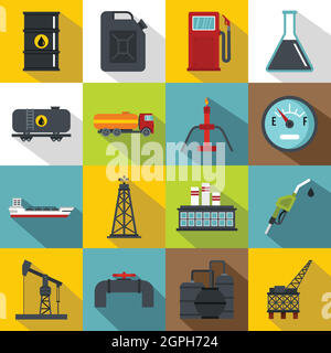 Jeu d'icônes pour l'industrie pétrolière, style plat Illustration de Vecteur