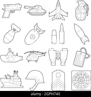 Icons set militaire, contour style cartoon Illustration de Vecteur