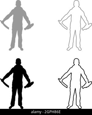 Homme à l'épée machette enlever la gaine fourreau armes froides en main militaire homme Soldier Serviceman dans les positions Hunter avec le couteau lutte pose le défenseur solide guerrier concept armes Stand silhouette gris noir vecteur couleur illustration solide styl contour Illustration de Vecteur