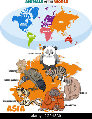 Illustration pédagogique des dessins animés des animaux asiatiques et de la carte du monde Illustration de Vecteur