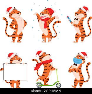 Adorable collection de tigres sur fond blanc. Illustration de Vecteur