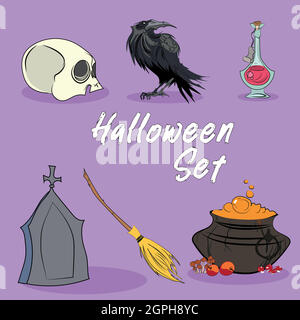 Ensemble d'halloween dessiné à la main tous les éléments sont isolés Illustration de Vecteur