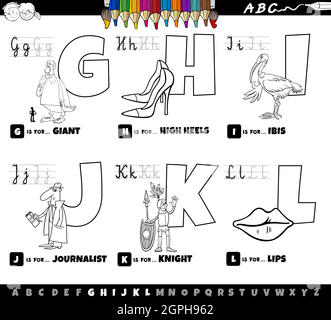 Lettres de l'alphabet de dessin animé éducatif ensemble de G à L page de livre de couleur Illustration de Vecteur