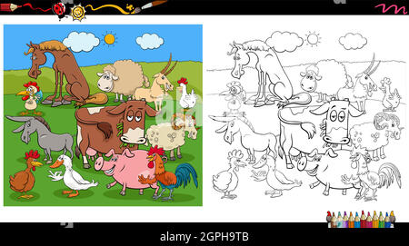 page de livre de coloriage de groupe de personnages d'animaux de ferme de bande dessinée Illustration de Vecteur