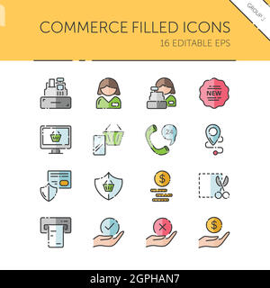 Commerce. Personnel, caissière, téléphone, sécurité, ticket, groupe argent et mains. Ensemble d'icônes isolées. Illustration vectorielle pleine Illustration de Vecteur