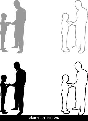 L'homme transmet la chose au garçon le père masculin donner livre gadget smartphone son enfants prendre quelque chose Dad relation concept de famille enfant amitié enfant tout-petit papa silhouette gris noir couleur vecteur illustration solide contour image de style Illustration de Vecteur