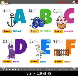 Lettres de l'alphabet de dessin animé éducatif pour les enfants de A à F. Illustration de Vecteur