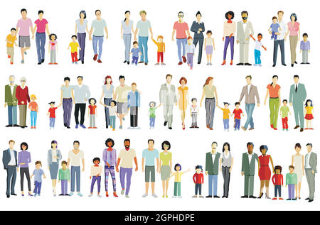 Ensemble de différentes familles, parents et enfants, groupes de personnes isolées sur blanc Illustration de Vecteur