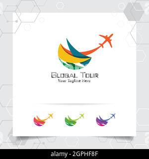 Design du logo de voyage concept d'icône d'avion avec symbole de globe. Vecteur du logo de voyage pour la tournée mondiale, l'aventure et les vacances. Illustration de Vecteur