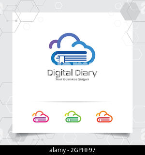 Design vectoriel du logo du cloud avec concept de cloud coloré et illustration d'icône de bloc-notes pour les entreprises, les bibliothèques, les librairies, l'enseignement et l'université. Illustration de Vecteur
