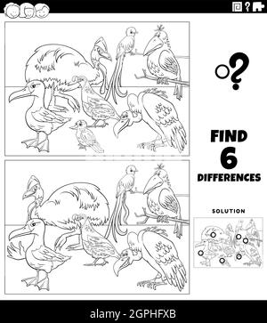 différences jeu éducatif avec les oiseaux coloriage page de livre Illustration de Vecteur