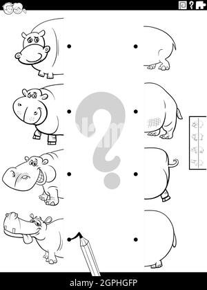 faire correspondre les moitiés de dessin animé hippopotame images coloriage livre page Illustration de Vecteur