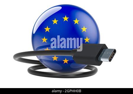 Chargement USB-C avec le drapeau de l'Union européenne isolé sur fond blanc Banque D'Images