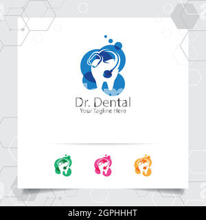 Logo dentaire dessin vectoriel de dentiste avec concept de stéthoscope et icône de dent . Soins dentaires pour l'hôpital, le médecin, la clinique et la santé. Illustration de Vecteur