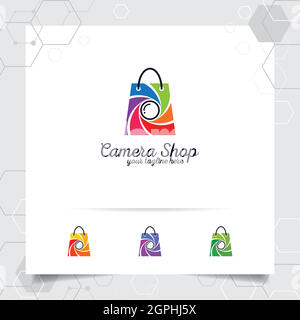 Design de logo de sac de shopping concept de l'icône de boutique en ligne et vecteur d'objectif d'appareil photo utilisé pour le magasin d'appareil photo, e-commerce, et supermarché. Illustration de Vecteur