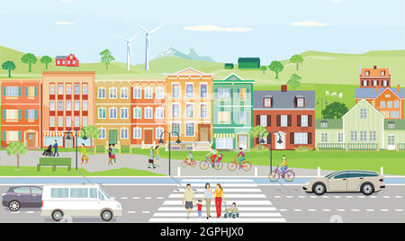 Ville avec des maisons dans la banlieue - illustration, Illustration de Vecteur