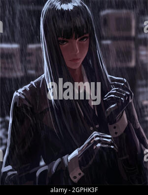 Anime fille avec des gants sous la pluie. Illustration de Vecteur