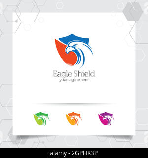 Logo Eagle Shield vectoriel avec concept d'agent de sécurité et illustration de l'icône représentant une tête d'aigle pour la protection des données, le verrouillage de la confidentialité et la sécurité du système. Illustration de Vecteur