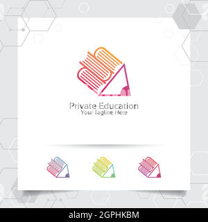 Design vectoriel du logo de livre avec icône en forme de crayon pour la bibliothèque, l'enseignement, la librairie et l'université. Illustration de Vecteur