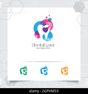 Logo dentaire dessin vectoriel de dentiste avec concept de symbole d'amour de coeur et de l'icône de dent . Soins dentaires pour l'hôpital, le médecin, la clinique et la santé. Illustration de Vecteur