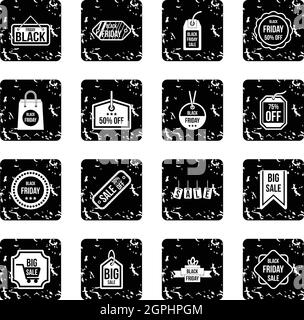 Black Label vendredi icons set, grunge style Illustration de Vecteur