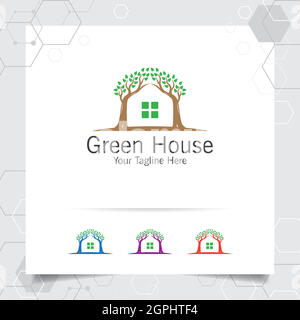 Logo de la maison verte vecteur avec concept de la maison et feuille d'illustration d'icône pour l'immobilier, la propriété, la résidence et l'hypothèque. Illustration de Vecteur