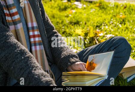 L'homme est assis dans le parc sur l'herbe avec le carnet dans ses mains. Feuille d'érable. Banque D'Images