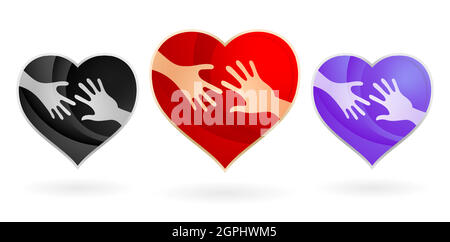 Heart for Charity Child Logos concepts. Avec deux mains et trois couleurs différentes arrière-plans blancs isolés, applicables pour les événements sociaux, les valentins, l'amitié ou la convivialité Illustration de Vecteur