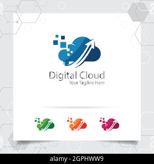 Conception de vecteur de logo d'hébergement dans le cloud avec concept de symbole de téléchargement de données. Illustration du vecteur de cloud computing pour le fournisseur d'hébergement, le rack de serveur et le stockage de partage. Illustration de Vecteur
