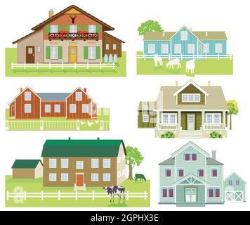 Ensemble de fermes et maisons de campagne, illustration isolée Illustration de Vecteur