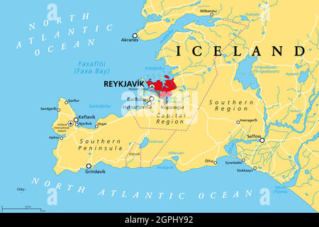Islande, Reykjavik, région de la capitale et péninsule du Sud, carte politique Illustration de Vecteur