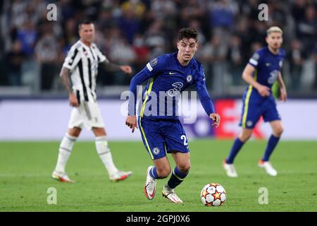 Turin, Italie. 29 septembre 2021. Kai Havertz du Chelsea FC contrôle le ballon lors du match de l'UEFA Champions League Group H entre le Juventus FC et le Chelsea FC au stade Allianz le 29 septembre 2021 Turin, Italie . Credit: Marco Canoniero / Alamy Live News Banque D'Images