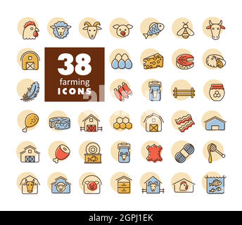 Jeu de vecteurs d'icônes d'animaux de ferme Illustration de Vecteur