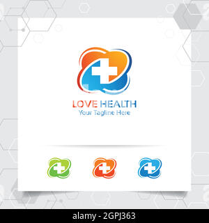 Symbole plus du logo de la santé médicale conception vectorielle avec le concept de l'icône de coeur pour l'hôpital, la clinique de santé, et la médecine. Illustration de Vecteur