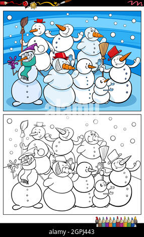 page de livre de coloriage de personnages de bonhomme de neige drôle de dessin animé Illustration de Vecteur