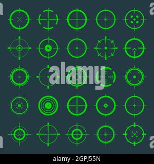 Icônes de réticule, de vecteur de vue du canon. Logo de la cible, cible verte ou symbole d'objectif. Champ d'application de la carabine militaire, symbole de tir. Ciblage, visée pour une prise de vue Illustration de Vecteur