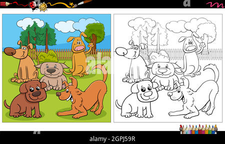 page de livre de coloriage de groupe de chiens et de chiots de dessin animé Illustration de Vecteur