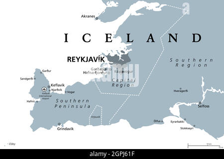 Islande, Reykjavik, région de la capitale et péninsule du Sud, carte politique grise Illustration de Vecteur