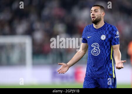 Turin, Italie. 29 septembre 2021. Mateo Kovacic, du FC Chelsea, se penche sur le match H de l'UEFA Champions League entre le FC Juventus et le FC Chelsea au stade Allianz le 29 septembre 2021 Turin, Italie . Credit: Marco Canoniero / Alamy Live News Banque D'Images