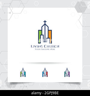 Conception de logo de vecteur de croix chrétienne avec une illustration d'icône d'église.conception de logo de vecteur de croix chrétienne avec une illustration d'icône d'église. Illustration de Vecteur